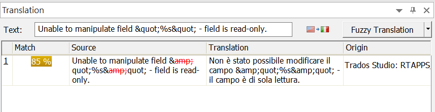 Fuzzy search in Passolo displaying an 85% match with an unexpected '&' entity in the string 'Unable to manipulate field ""%s" - field is read-only.'