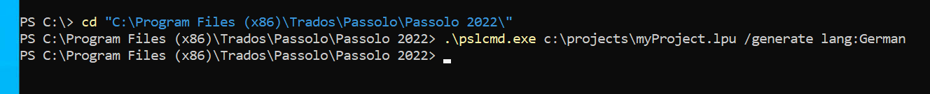 Command prompt screenshot showing navigation to the Passolo 2022 directory and an attempt to run pslcmd.exe with parameters, but no output or error message is displayed.
