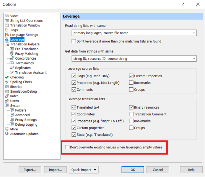 Screenshot of Passolo 2022 options dialog showing Leverage settings with 'Don't overwrite existing values when leveraging empty values' checkbox highlighted.
