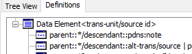 Trados Studio XML parsing rules window showing the data element 'trans-unitsource id' with the modified rule 'parent::*descendant::pdns:note'.