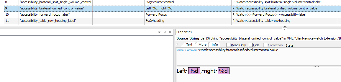 Trados Studio properties window displaying source string 'accessibility_bilateral_unified_control_value' with corresponding parser comment and metadata.