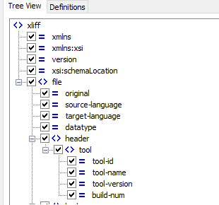 Screenshot of Trados Studio showing a tree view with expanded nodes for xliff, file, and header elements.