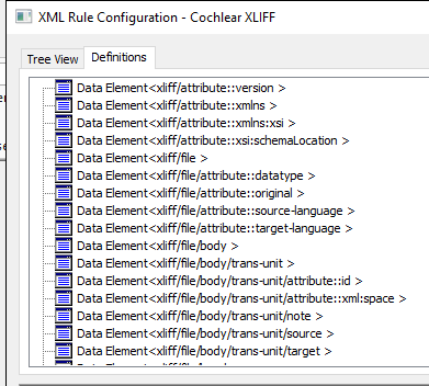 Screenshot of Trados Studio XML Rule Configuration for Cochlear XLIFF with tree view and definitions of data elements.