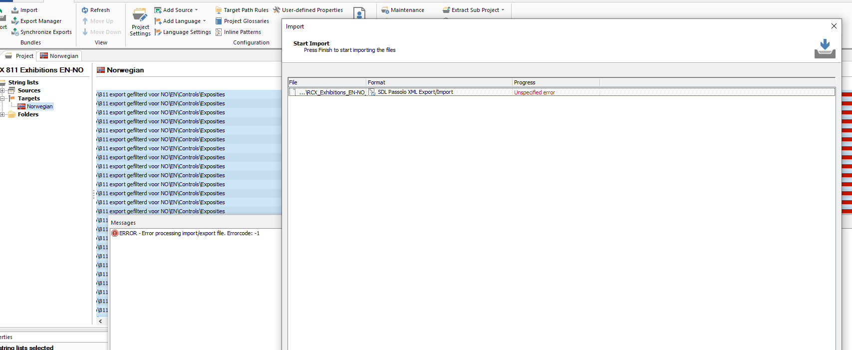 Trados Studio screenshot showing an error message 'ERROR - Error processing importexport file. Errorcode: -1' during XML file import.