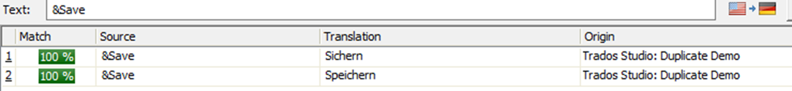 Screenshot of Trados Studio showing two 100% match results for the source text '&Save' with translations 'Sichern' and 'Speichern' from the 'Trados Studio: Duplicate Demo' origin.