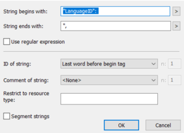Screenshot of a Passolo 2022 parser configuration window with fields for 'String begins with:', 'String ends with:', and 'ID of string'.