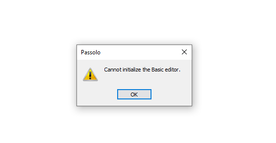 Error dialog box from Passolo with a warning icon and the message 'Cannot initialize the Basic editor.' with an OK button.