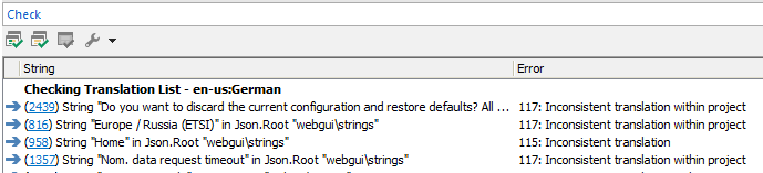 Screenshot of PASSOLO 2022 software showing a Checking Translation List with English to German translations. Errors are highlighted for strings 2439, 816, 958, and 1357, indicating inconsistent translations within the project.