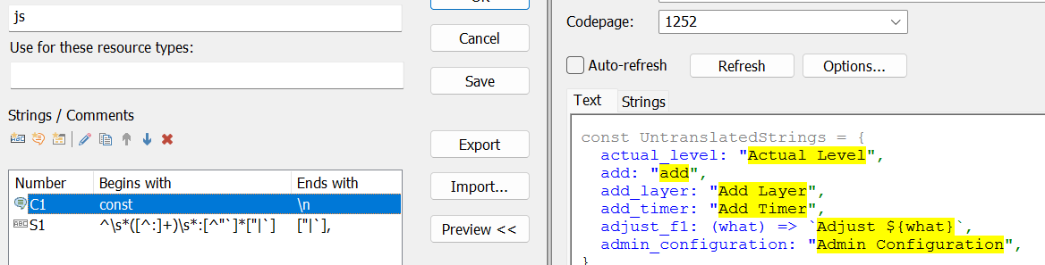 Screenshot showing a code editor with a highlighted JavaScript object containing key-value pairs, and a regex rule in the StringsComments section.
