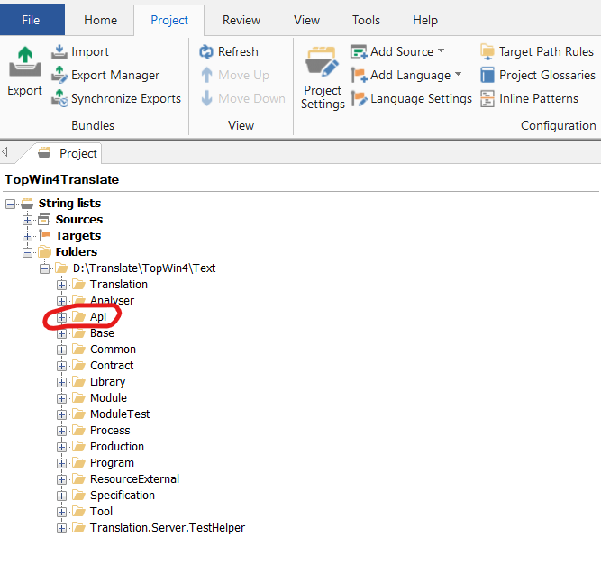 Screenshot of a project management interface showing a folder structure under 'TopWin4Translate'. The 'Api' folder is circled in red, indicating it as the folder to delete.