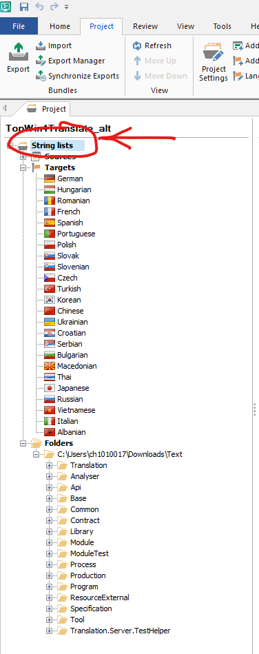 Screenshot of Passolo 2017 interface showing the Project tab with a red circle and arrow highlighting the 'String lists' folder under 'Targets' with various language subfolders.