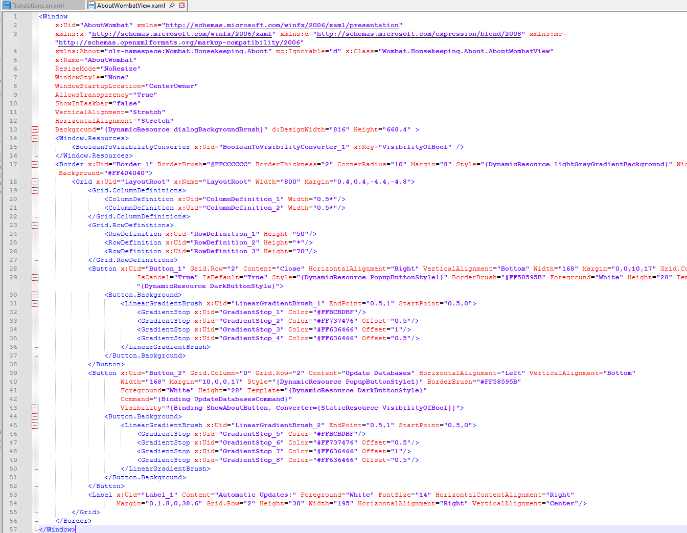 Screenshot of a XAML file showing a Window element with various attributes and nested elements, including Grid, Button, and Label with x:Uid attributes for localization.