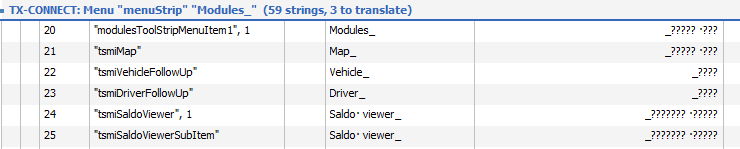 Passolo interface displaying imported strings where Arabic translations appear as question marks instead of proper characters.