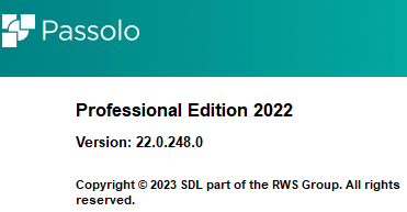 Screenshot of the Passolo Professional Edition 2022 about page, showing version 22.0.248.0 and copyright information for SDL, part of the RWS Group.