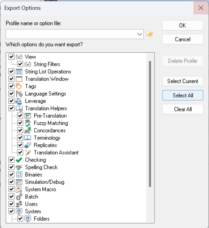 Export Options window showing a dropdown for profile selection, a list of selectable options with checkboxes, and buttons for OK, Cancel, Select Current, Select All, and Clear All.