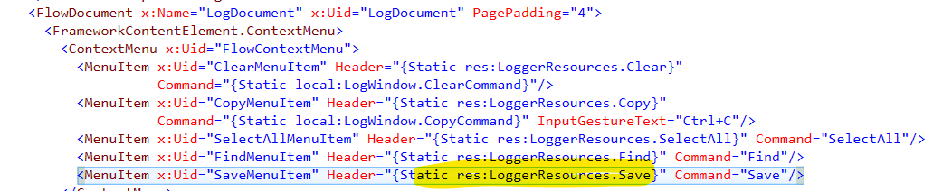 Code snippet showing a context menu definition. Highlighted line: 'SaveMenuItem' with header referencing 'LoggerResources.Save' and command 'Save'.