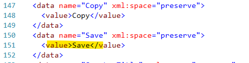 Code snippet showing data definitions. Highlighted section: 'Save' with value 'save' under XML tag 'data name'.