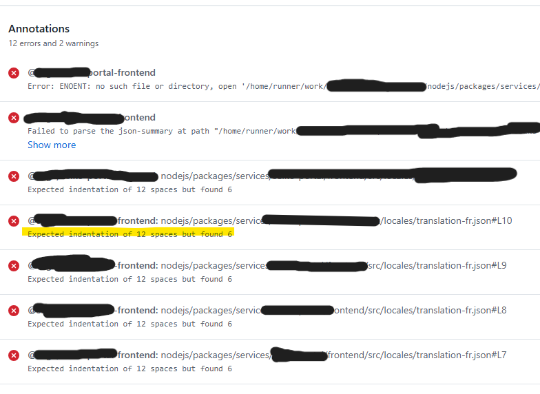 Screenshot of an error log with 12 errors and 2 warnings. Errors include 'Expected indentation of 12 spaces but found 6' and file path references.