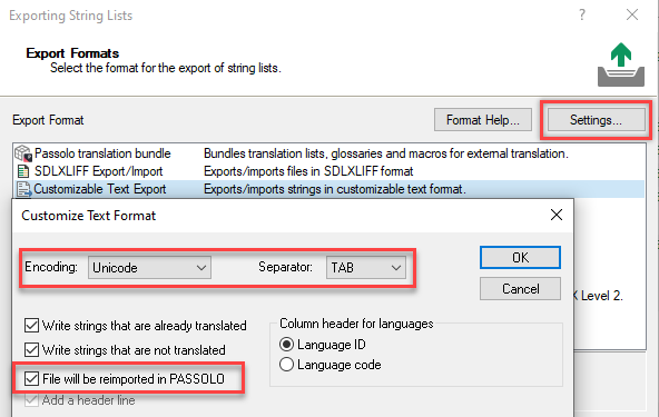 Screenshot of the Export Formats window in PASSOLO, showing options for exporting string lists. The Customize Text Format dialog is open, with 'File will be reimported in PASSOLO' checked.