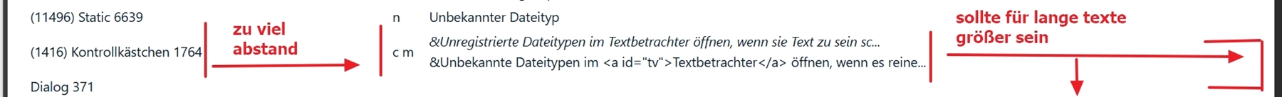 Screenshot of a software interface with annotations in German pointing out excessive spacing and suggesting that the display should be larger for long texts.