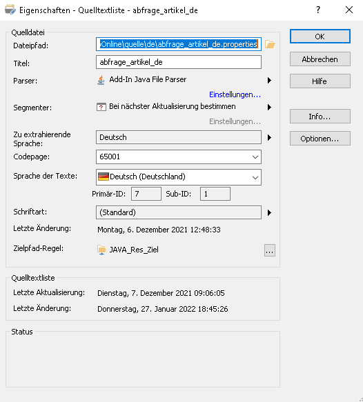 Trados Studio Properties window for source list abfrage_artikel_de showing Codepage set to 65001 and language set to German.