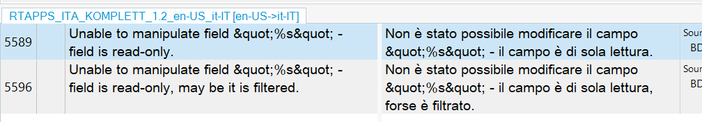 Trados Studio segment showing the source and target text for 'Unable to manipulate field ""%s" - field is read-only.' without any visible errors.