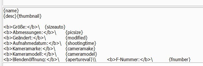 Screenshot of a software template with placeholders for metadata such as size, dimensions, modified date, camera make and model, and aperture value.