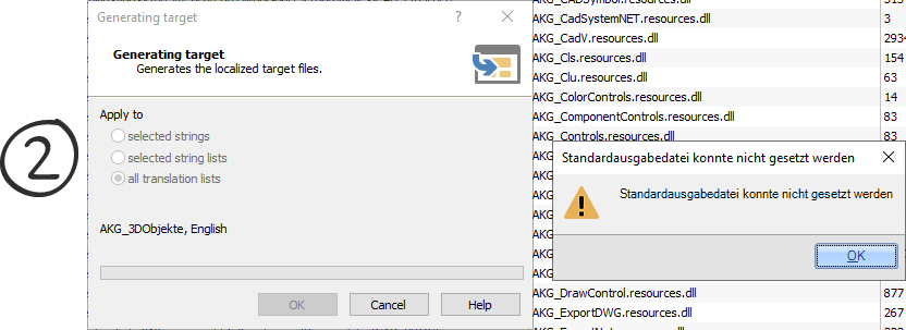 Dialog box for generating target files with an error message in German stating 'Standard output file could not be set' and an OK button.