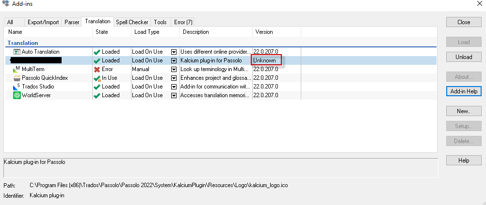 Screenshot of the Add-ins window showing a list of add-ins. The 'Kalcium plugin for Passolo' has its version listed as 'Unknown' in the Version column.