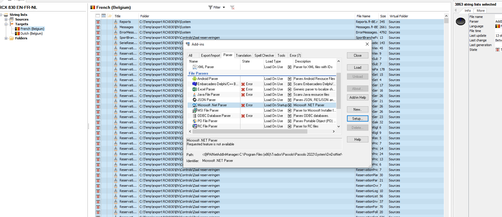 Screenshot of Trados Studio showing an error message for the Microsoft .NET Parser add-in. The error description reads 'Requested feature is not available.'