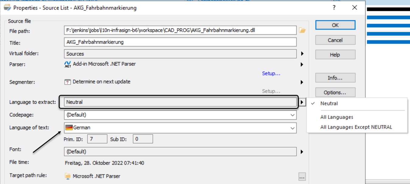 Trados Studio Properties dialog showing source list with language set to Neutral and language of text as German.