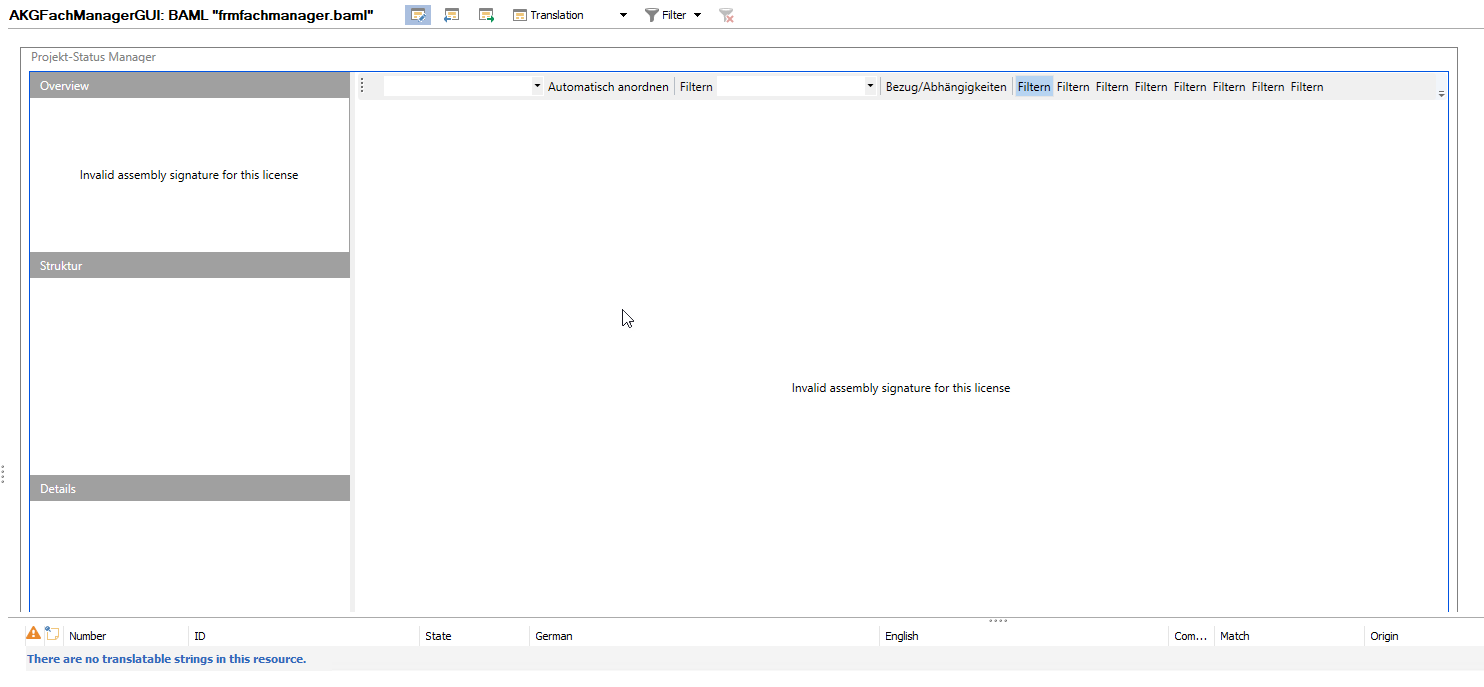 Screenshot of Passolo 2022 interface with a .NET Add-In BAML file open, displaying an error message 'Invalid assembly signature for this license' and a status message 'There are no translatable strings in this resource.'