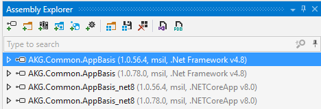 Assembly Explorer showing four entries: AKG.Common.AppBasis versions 1.0.56.4 and 1.0.78.0 for .NET Framework v4.8, and AKG.Common.AppBasis_net8 versions 1.0.56.4 and 1.0.78.0 for .NETCoreApp v8.0.