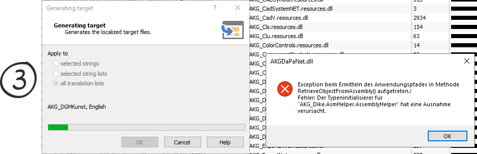 Dialog box for generating target files with an error message in German about an exception in 'RetrieveObjectFromAssembly' caused by 'AKG.Dike.AsmHelper.AssemblyHelper'.
