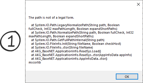 Error message stating 'The path is not of a legal form' with a stack trace showing various system and application methods.