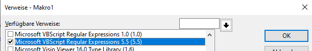 Screenshot of Trados Studio VB editor showing a list of available references including Microsoft VBScript Regular Expressions 1.0 and 5.5.