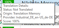 Close-up of a translation software tooltip showing 'Not Translated' status despite a 100% score from the Translation Memory, indicating a potential issue.