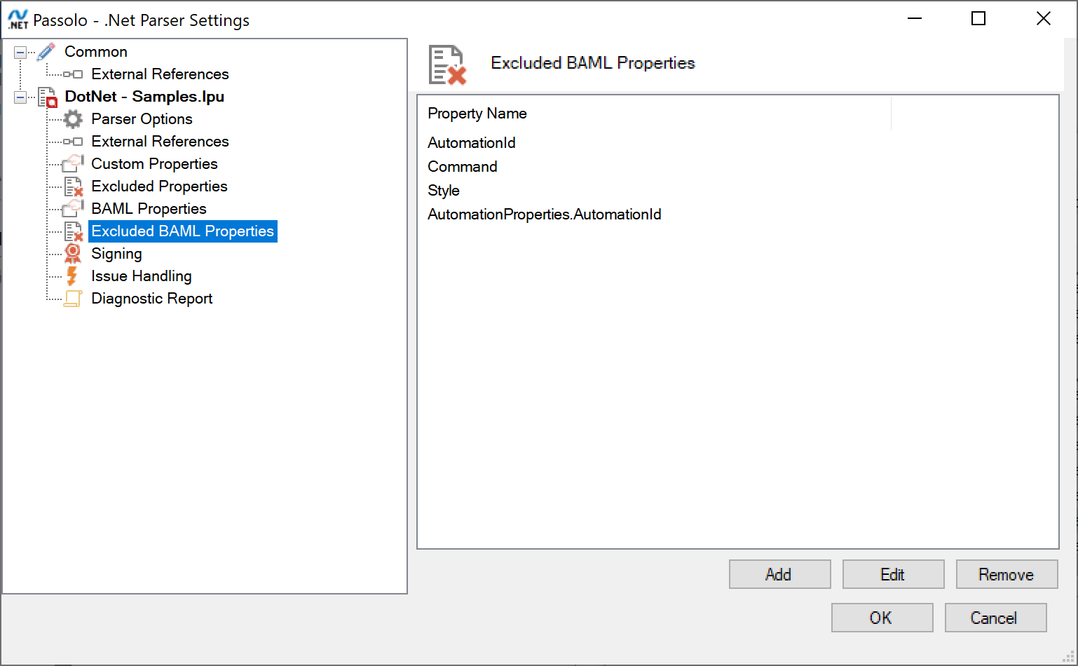Passolo .Net Parser Settings window showing the Excluded BAML Properties section with a list of properties: AutomationId, Command, Style, and AutomationProperties.AutomationId.