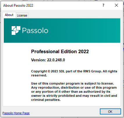 About window of Passolo 2022 Professional Edition, version 22.0.248.0, with copyright information and a link to the Passolo Home Page.