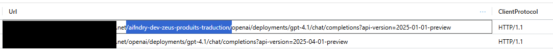 Screenshot showing two URLs with highlighted text, one containing 'aifndry-dev-zeus-produits-traduction' and the other without it, under the ClientProtocol column.