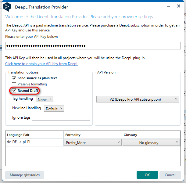 DeepL Translation Provider settings window with options to enter API Key, translation options including 'Send source as plain text', 'Preserve formatting', and a highlighted 'Resend Draft'. Language pair set to 'de-DE' to 'pl-PL', formality to 'Prefer_More', and no glossary selected.