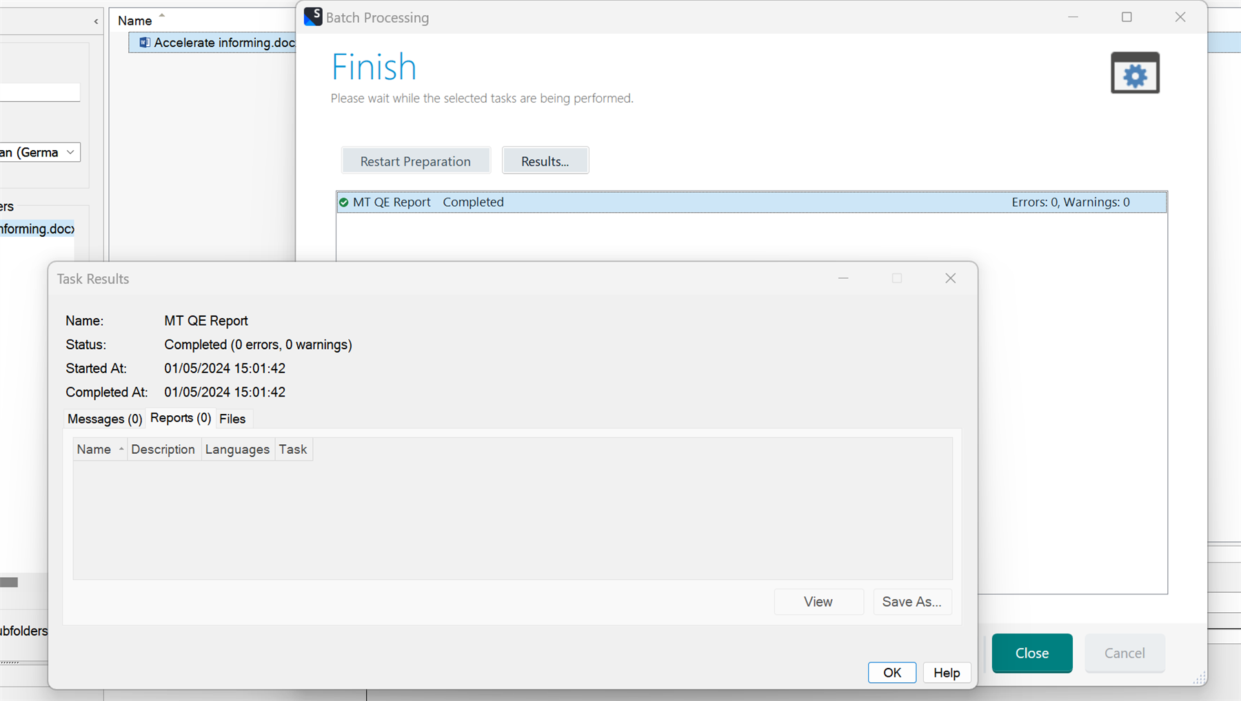 Trados Studio Batch Processing window showing 'Finish' with a message 'Please wait while the selected tasks are being performed.' The MT QE Report task is highlighted as completed with 0 errors and 0 warnings. Task Results section shows the MT QE Report task completed successfully with no messages, reports, or files.