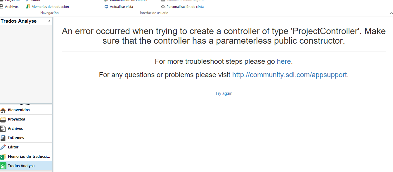 Trados Studio error message 'An error occurred when trying to create a controller of type 'ProjectController'' with a link for troubleshooting.