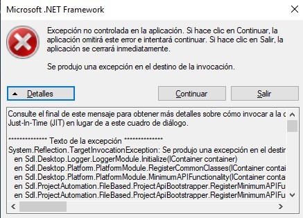 Error message dialog from Microsoft .NET Framework stating 'Unhandled exception has occurred in your application. If you click Continue, the application will ignore this error and attempt to continue. If you click Quit, the application will close immediately. An exception occurred in the destination of an invocation.' with Details, Continue, and Quit buttons.