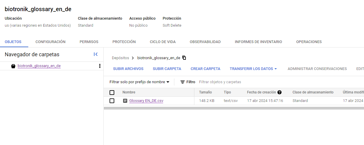 Detailed view of the 'biotronik_glossary_en_de' bucket in Google Cloud showing a CSV file named 'Glossary_EN_DE.csv' with no public access.
