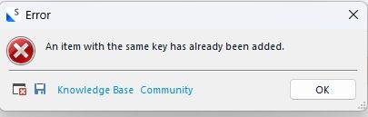 Error dialog box with a red cross icon stating 'An item with the same key has already been added.' with Knowledge Base and Community buttons at the bottom.
