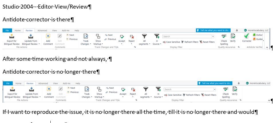 Screenshot of Trados Studio 2024 Editor with the Review tab open, showing the Antidote Verifier as available.