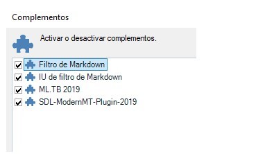 Screenshot showing the 'Complementos' section with a list of plugins, including 'Filtro de Markdown,' 'IU de filtro de Markdown,' 'ML.TB 2019,' and 'SDL-ModernMT-Plugin-2019.'
