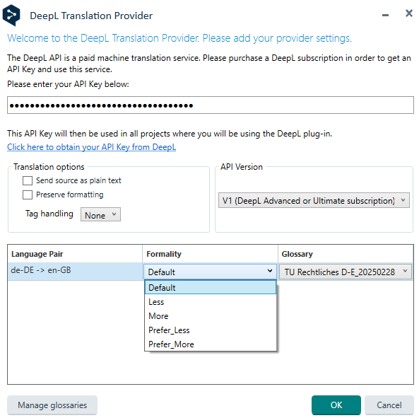 DeepL Translation Provider settings window showing options for API key, translation options, API version, language pair, formality, and glossary.