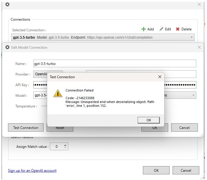 Screenshot showing the Trados Studio connection settings with a 'Connection Failed' error. Error code -2146233088 and message about deserializing object at line 1, position 152.